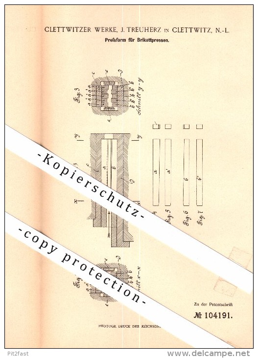 Original Patent - Clettwitzer Werke , J. Treuherz In Klettwitz / Schipkau , 1897 , Preßform Für Brikettpressen , Kohle ! - Schipkau