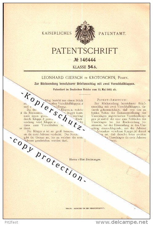 Original Patent - Leonhard Giersch In Krotoschin / Krotoszyn , 1902 , Briefumschlag Für Rücksendung , Post , Posen !!! - Posen