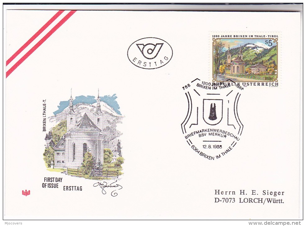 1988 AUSTRIA FDC  Stamps BRIXEN In THALE CHURCH Special Pmk BRIXEN  Cover Religion  Christianity - Kirchen U. Kathedralen