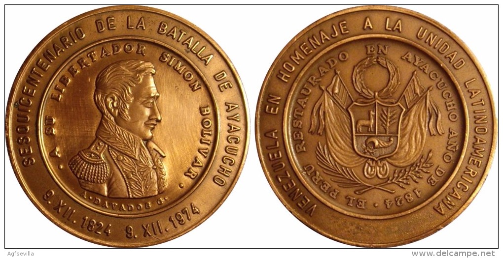 VENEZUELA. MEDALLA OFICIAL DEL SESQUICENTENARIO DE LA BATALLA DE AYACUCHO. 1.974. COBRE - Monarquía / Nobleza