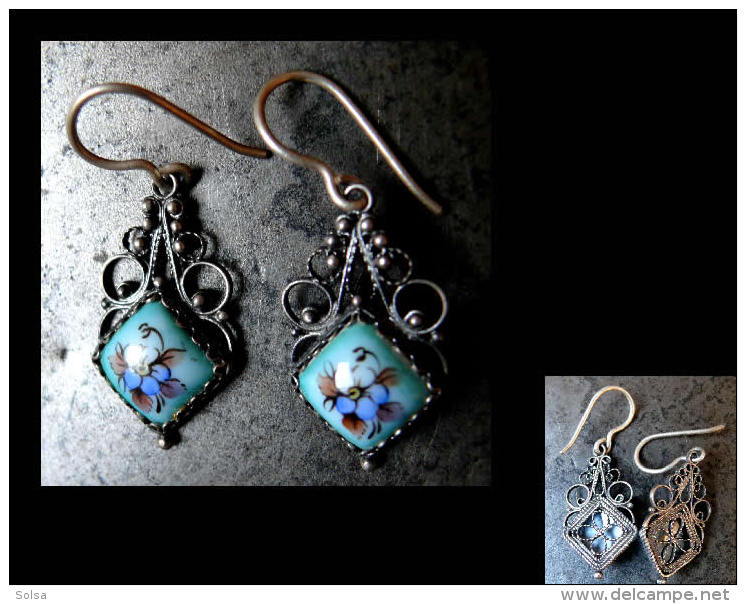 Anciennes  Boucles D'oreille Russes émaillées / Old Russian Earrings Silver And Hand-painted Ennammel - Orecchini