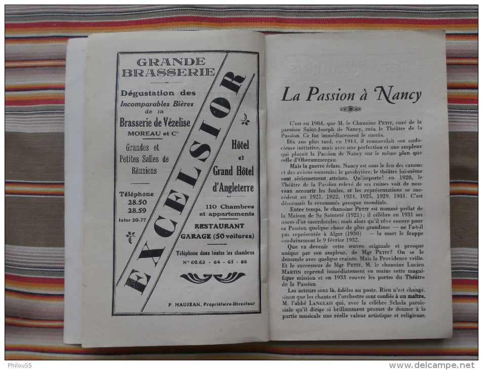 54 NANCY  THEATRE DE LA PASSION Livret Officiel 1933    PUB Bieres VEZELIZE Divette CHAMPIGNEULLES, Maxeville...