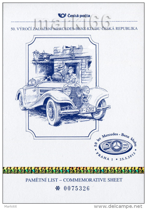 Czech Republic - 2013 - 50th Anniversary Of Czech Mercedes-Benz Club - Special Numbered Commemorative Sheet - Briefe U. Dokumente