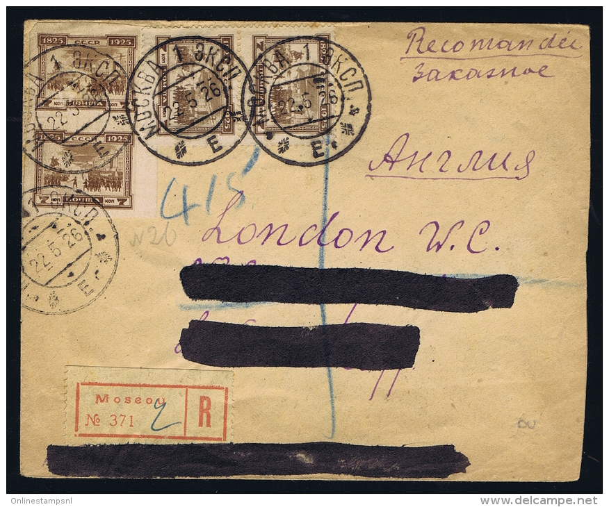 Registered Early Airmail Cover Moscow To London UK, With Michel 306A + 306 B In Pairs + Gebührmarke 11, 1926 - Briefe U. Dokumente