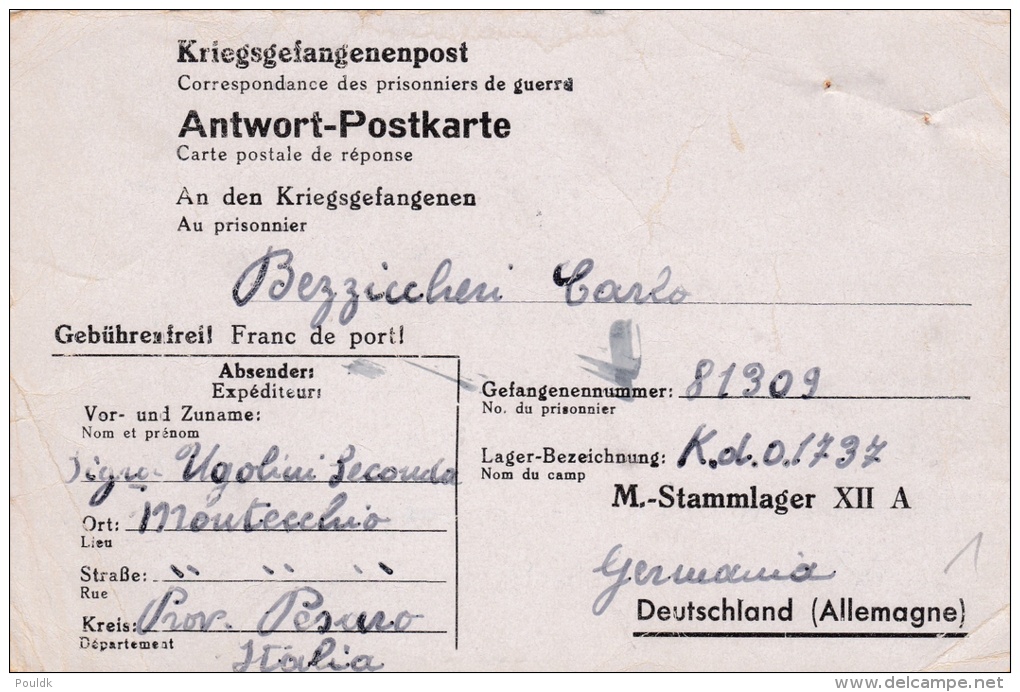 Prisoner Of War To Italian POW In M-Stammlager XII A In Limburg, Germany - Its A Reply Card W/o Message On Back (G83-1) - Militaria