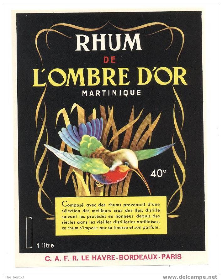 Etiquette De Rhum  De L´Ombre D´Or  -   CAFR  Le Havre Bordeaux Paris  - Thème Oiseau - Rhum