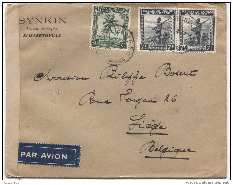 Belgisch Congo BeleTP 254 244A(2) S/L.Avion C.Elisabethville 24/4/1945 Censure 12 Congo Belge V.Liège PR2826 - Lettres & Documents