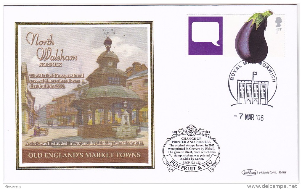 2006 Norwich GB FDC AUBERGINE Stamps SPECIAL  SILK Illus NORTH WALSHAM MARKET CROSS Food Fruit - Vegetables