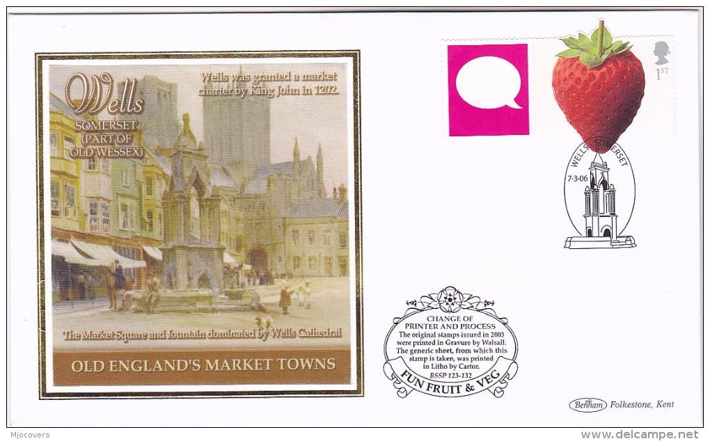 2006 Wells GB FDC STRAWBERRY Fruit SPECIAL  SILK Illus WELLS CATHEDRAL MARKET SQUARE  Church Cover Stamps Religion - Fruits