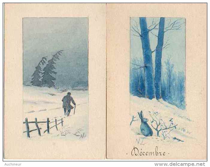 Aquarelle à La Main, Ton Bleuté - Décembre Hiver - Contemporanea (a Partire Dal 1950)