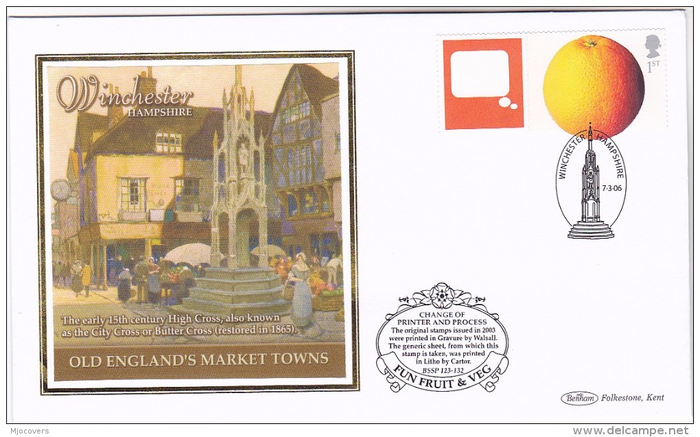 2006 Winchester GB FDC ORANGE Fruit SPECIAL SILK  Illus WINCHESTER HIGH CROSS Cover  Stamps - Fruits