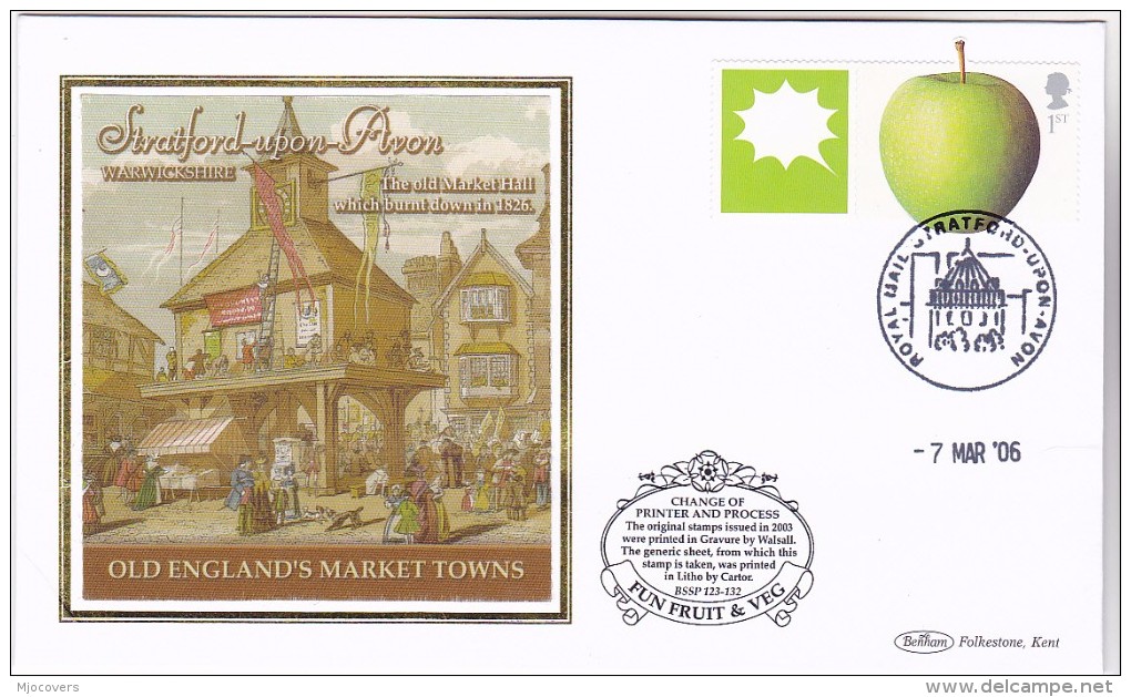2006 Stratford Upon Avon GB FDC APPLE Fruit SPECIAL SILK Illus STRATFORD MARKET HALL Cover Stamps - Fruits