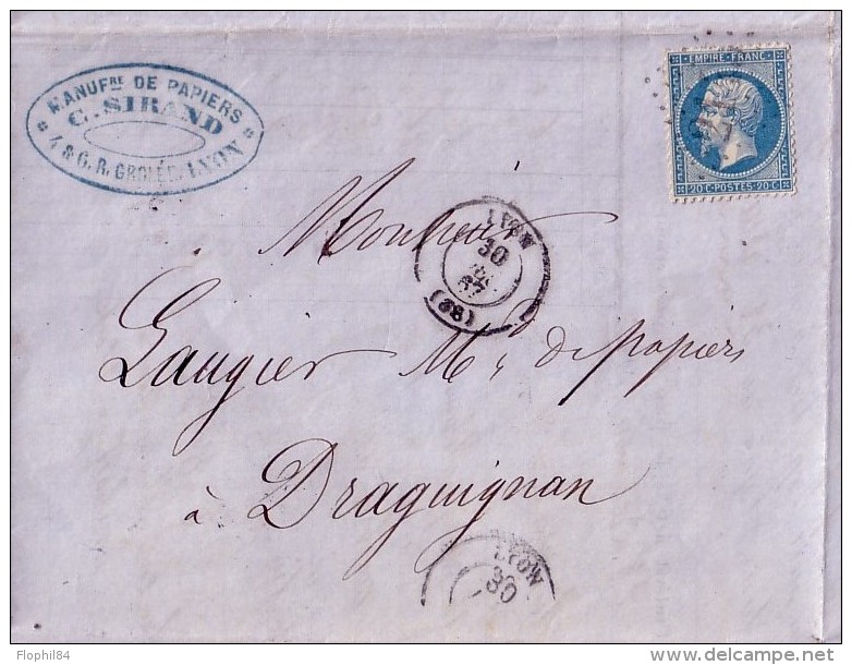 RHONE - LYON - C.SIRAND - FABRIQUE DE PAPIER 6 RUE GROLEE - TIMBRE - EMPIRE N°22 DU 30-6-1867. - 1900 – 1949