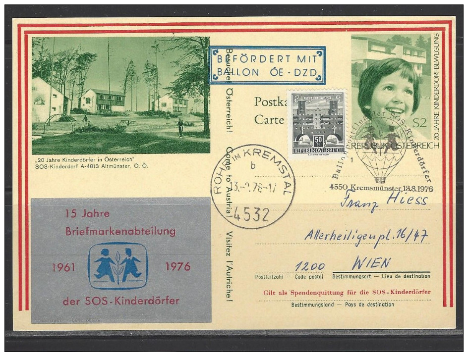 ÖSTERREICH - Ballonpostflug SOS-Kinderdörfer Kremsmünster 13.8.1976 Bildpostkarte Altmünster - Par Ballon