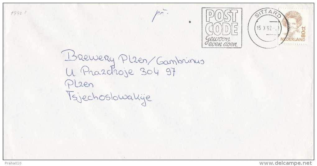 K7025 - Netherlands (1992) Sittard: POST CODE ... (letter To Czechoslovakia), Tariff: 80 Ct - Zipcode