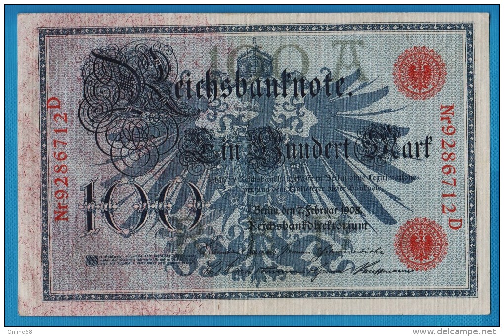 DEUTSCHES REICH 100 MARK 7.02.1908  Alpha 9286712D  P#33a - 100 Mark