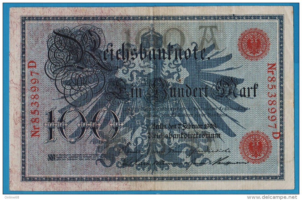 DEUTSCHES REICH 100 MARK 7.02.1908  Alpha 8538997D  P#33a - 100 Mark