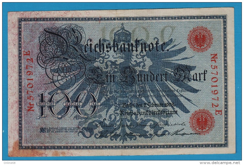 DEUTSCHES REICH 100 MARK 7.02.1908  Alpha 5701972E  P#33a - 100 Mark