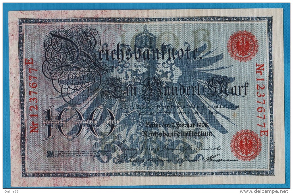 DEUTSCHES REICH 100 MARK 7.02.1908  Alpha 1237677E  P#33a - 100 Mark