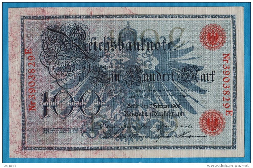 DEUTSCHES REICH 100 MARK 7.02.1908  Alpha 3903829E  P#33a - 100 Mark