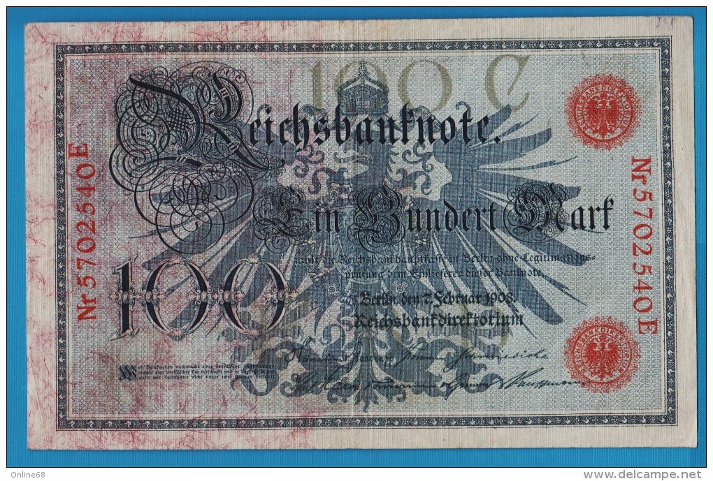 DEUTSCHES REICH 100 MARK 7.02.1908  Alpha 5702540E  P#33a - 100 Mark