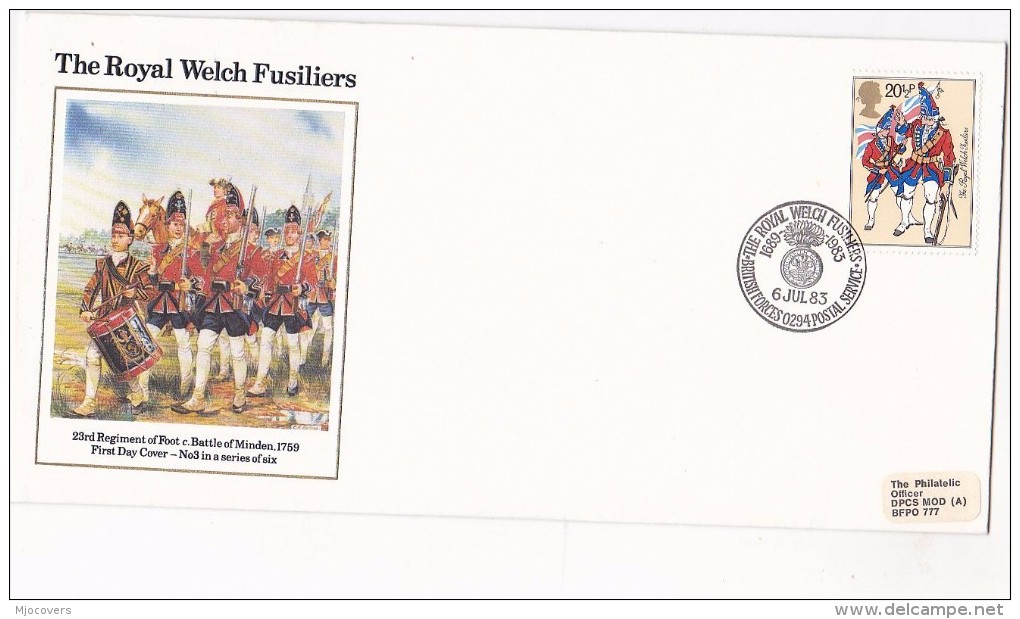 1983 BFPS 0294 GB FDC Stamps ROYAL WELSH FUSILIERS ARMY, Flag  Cover Illus BATTLE OF MINDEN, DRUMs Music - Militaria