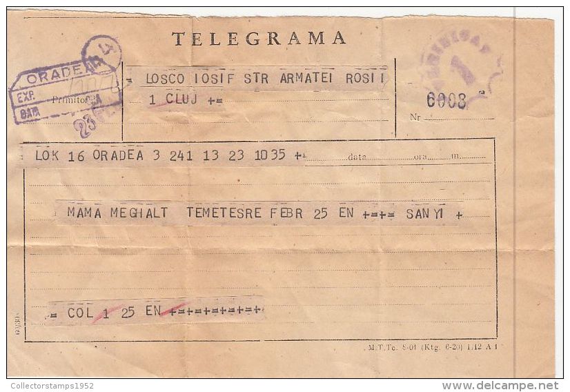 3988FM- TELEGRAMME SENT FROM CLUJ NAPOCA TO ORADEA, 1962, ROMANIA - Télégraphes