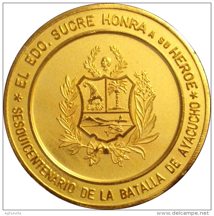 VENEZUELA. MEDALLA OFICIAL DEL SESQUICENTENARIO DE LA BATALLA DE AYACUCHO. 1.974. DORADA - Monarquía / Nobleza