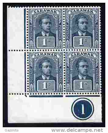 Sarawak 1918, Unissued 1c Slate-blue & Slate Corner Block Of 4 With Plate No.1 - Sarawak (...-1963)