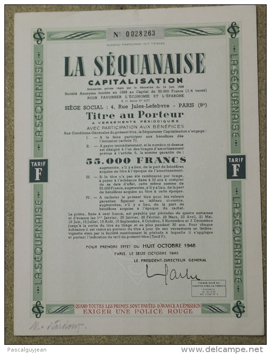 LA SEQUANAISE CAPITALISATION - TITRE AU PORTEUR 55 000 FRANCS 1948 - Banque & Assurance