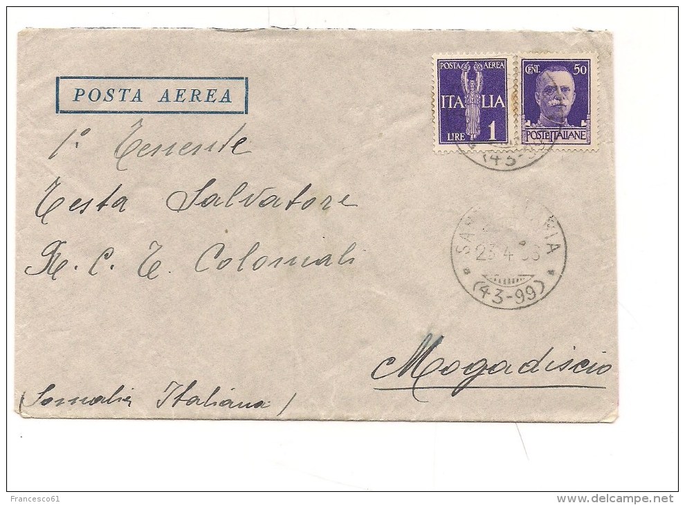 1290)  1936 Lettera Via Aerea Frazionario Santa Flavia X Somalia Colonie Mogadiscio - Marcofilía (Aviones)
