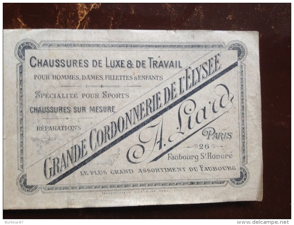 PARIS, CARTE PUBLICITAIRE, GRANDE CORDONNERIE DE L’ÉLYSÉE , VERS 1920,   26 FAUBOURG ST HONORE - Publicidad