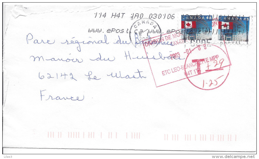 Lettre Taxée Pour La France 2003 2 Timbres à 48c Taxe 0.29c Griffe Rouge DIVISION DE MONTREAL TAX - Covers & Documents