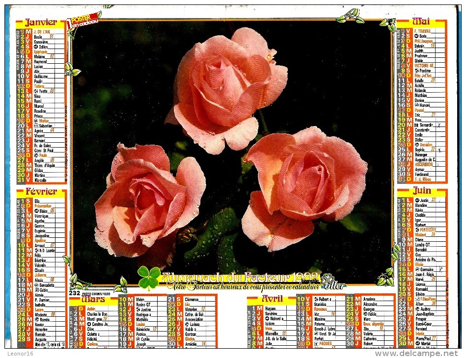 ALMANACH DES P.T.T 1992 (80)   -  Complet ** 3 ROSES - FLEURS MULTIPLES ** Calendrier *OLLER * N° 232 - Grand Format : 1991-00