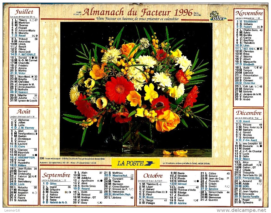 ALMANACH DES P.T.T 1996 (57)  -  Complet** COMPOSITION FLORALE - FLEURS EN BOUQUET ** Calendrier *OLLER * N°226 - Grand Format : 1991-00