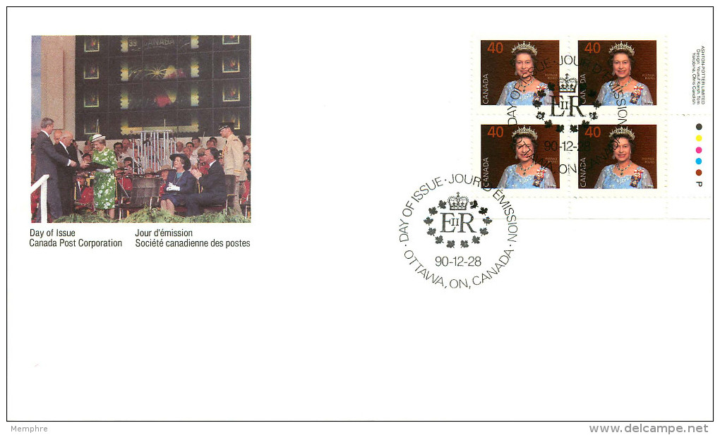1990  Queen Elizabeth 40¢ Definitive     Sc 1168   Plate Block Of 4 - 1981-1990