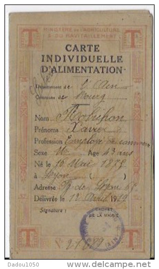 Guerre 1914 1918 Carte Individuelle D'alimentation - Sin Clasificación