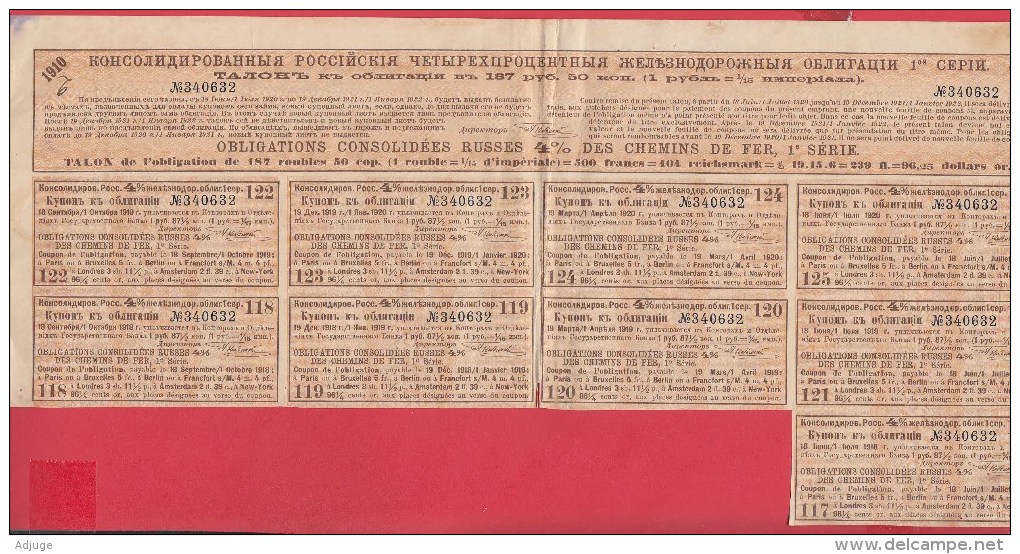 Coupons  OBLIGATIONS RUSSES  4% CHEMINS De FER  1910-1920  (9 Coupons 117 à 125) Scan Recto Verso - Russland