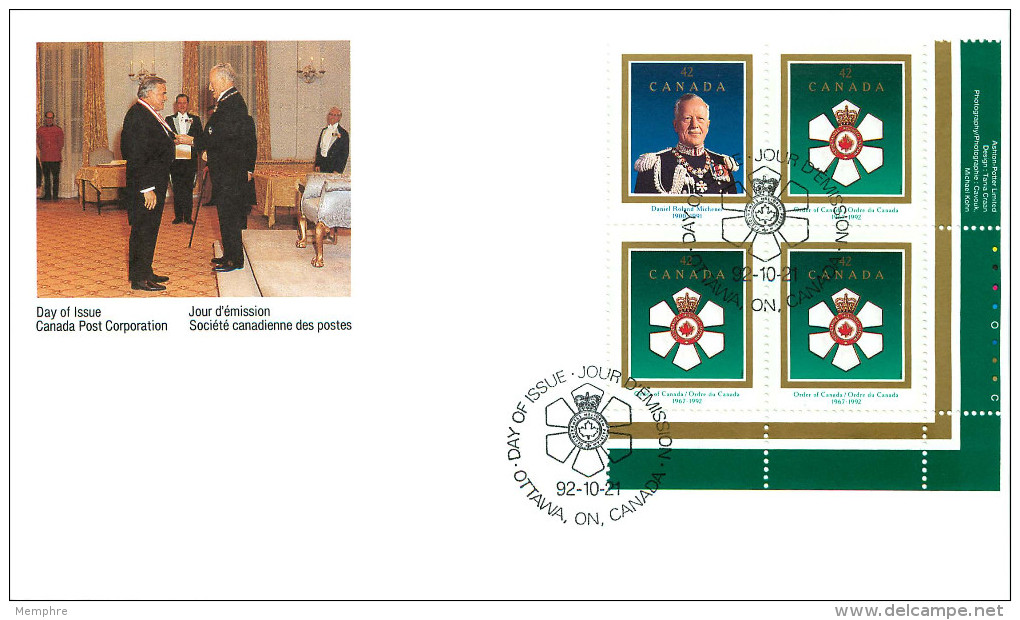1992  Order Of Canada And Roland Michener, Governor General  Sc 1446-7  Plate Block Of 4 - 1991-2000