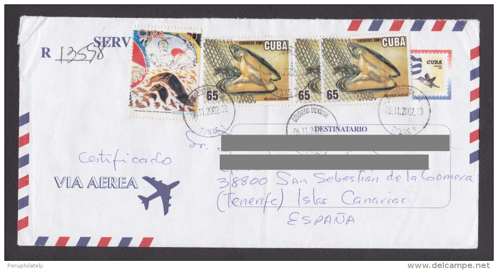 CUBA REGISTERED COVER WITH MUSSEL MOLLUSC STAMPS SENT TO SPAIN - Brieven En Documenten