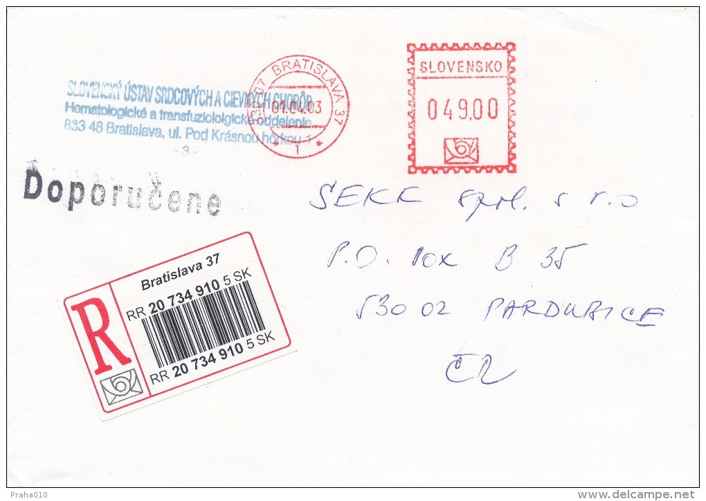 K7151 - Slovakia (2003) 830 07 Bratislava 37 (post Office Franking Machine); R-letter, Tariff: 49,00 SKK - Brieven En Documenten