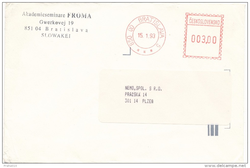 K7164 - Slovakia (1993) 850 00 Bratislava 5 (post Office Franking Machine); "stamp" Text CESKOSLOVENSKO; Tariff: 3 CZK! - Storia Postale