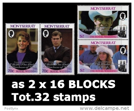 MONTSERRAT 1986 Wedding Princess Anne OVPT:The Duke 16-blocks:2 (32 Stamps)   [Aufdruck,surimprimé,sobreimpreso] - Montserrat