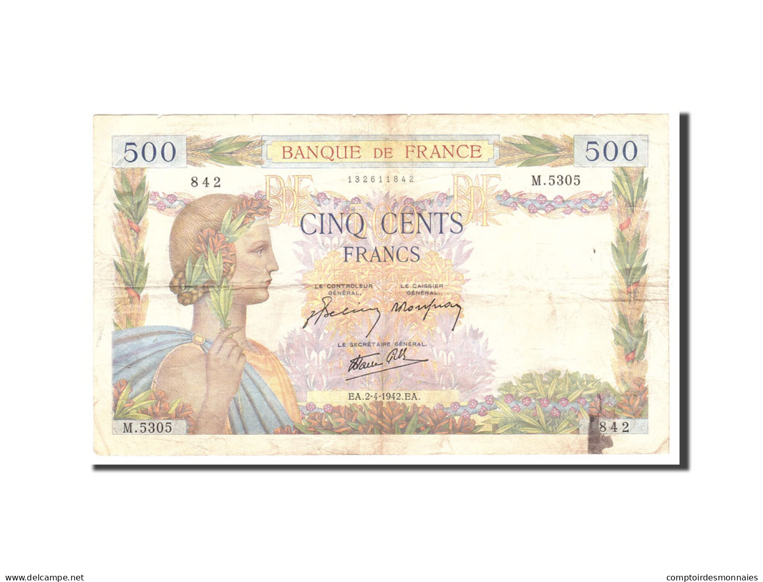 Billet, France, 5000 Francs, 1942, 1942-04-02, TB+, Fayette:46.36, KM:97c - 500 F 1940-1944 ''La Paix''