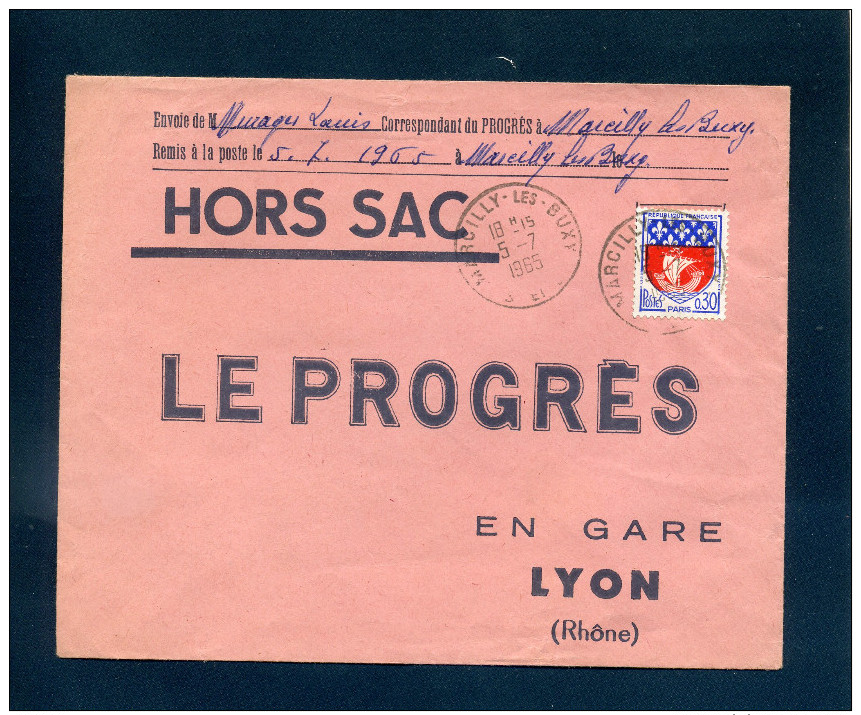 Hors Sac Le Progrès Lyon Marcilly Les Buxy Saône Et Loire 1965 1354B Armoiries De Paris Seul Tarif 30c - 1961-....