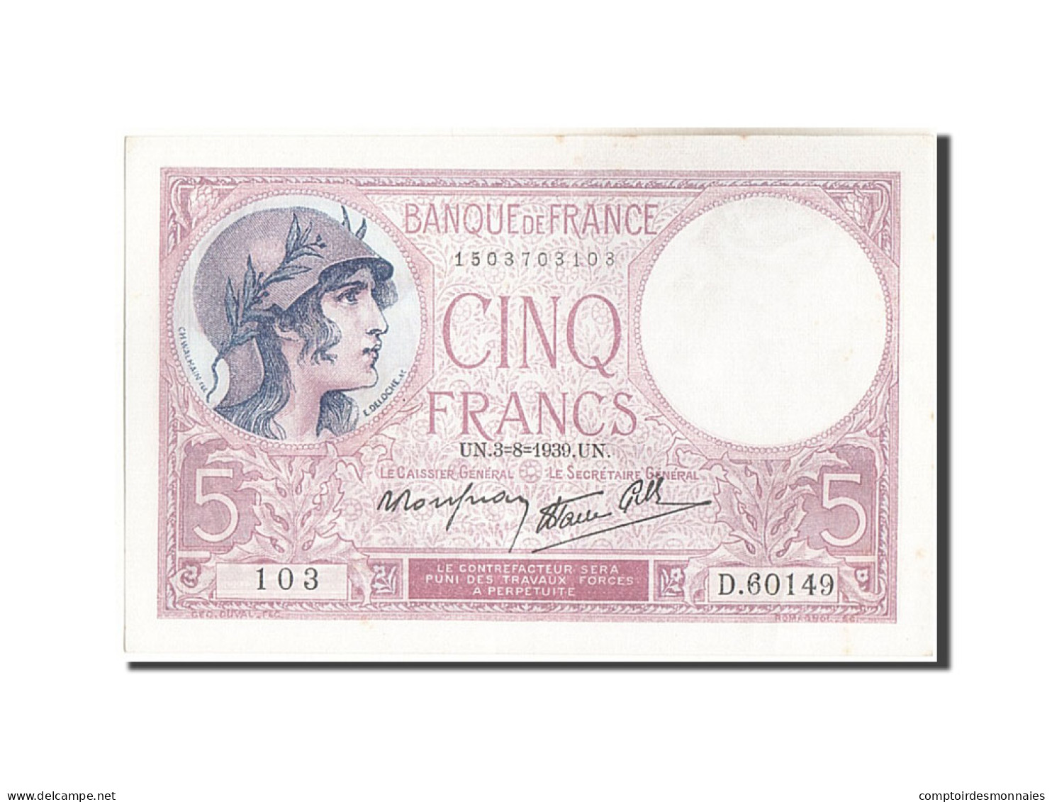 Billet, France, 5 Francs, 5 F 1917-1940 ''Violet'', 1939, 1939-08-03, SUP - 5 F 1917-1940 ''Violet''