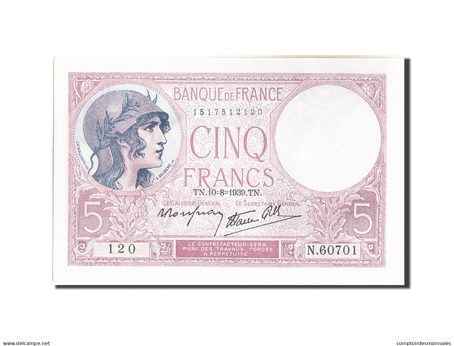 Billet, France, 5 Francs, 5 F 1917-1940 ''Violet'', 1939, 1939-08-10, SPL+ - 5 F 1917-1940 ''Violet''