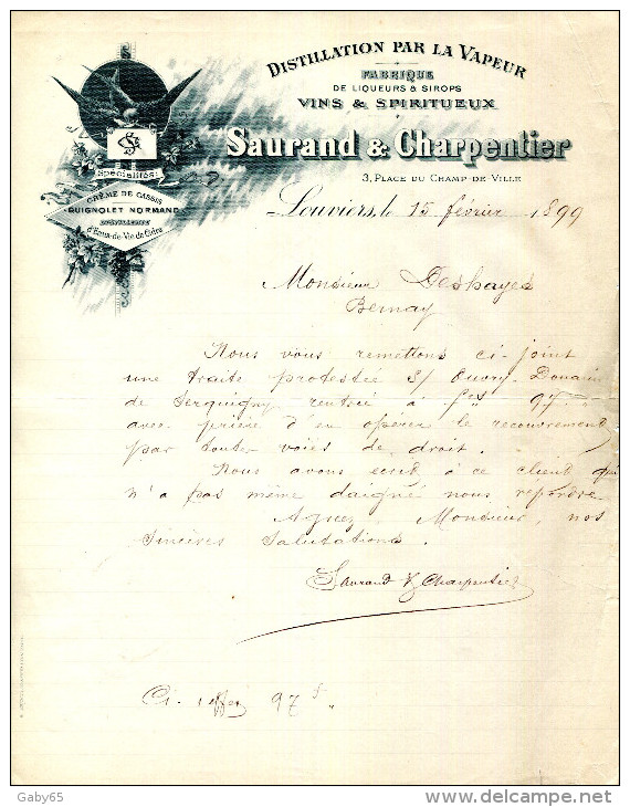 27.EURE.LOUVIERS.DISTILLATION PAR LA VAPEUR.FABRIQUE DE SIROPS,LIQUEURS.SAURAND & CHARPENTIER 3 PLACE DU CHAMP DE VILLE. - Alimentaire