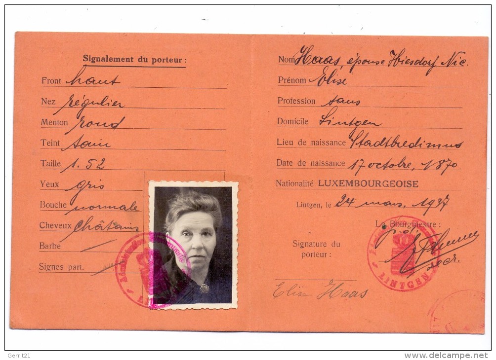 PERSONALAUSWEIS / PASSPORT / CARTE D'IDENTITE - Luxembourg, 1937, Commune De Lintgen - Historische Dokumente