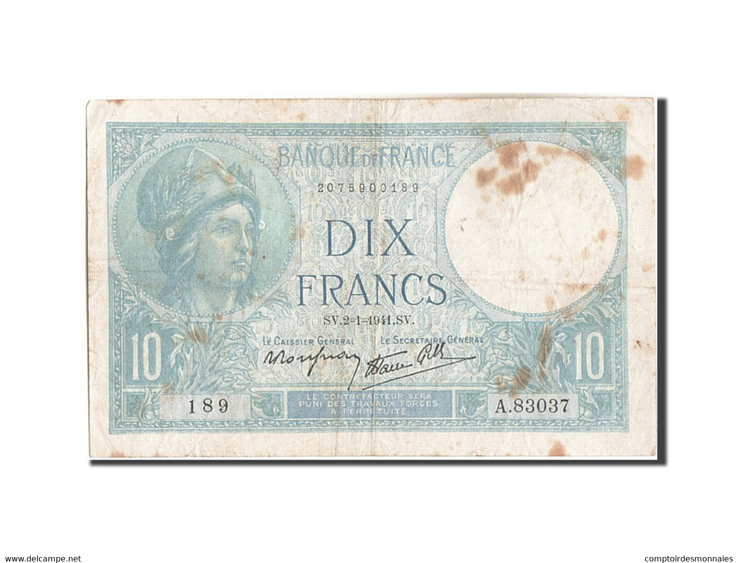 Billet, France, 10 Francs, 10 F 1916-1942 ''Minerve'', 1941, 1941-01-02, TB - 10 F 1916-1942 ''Minerve''